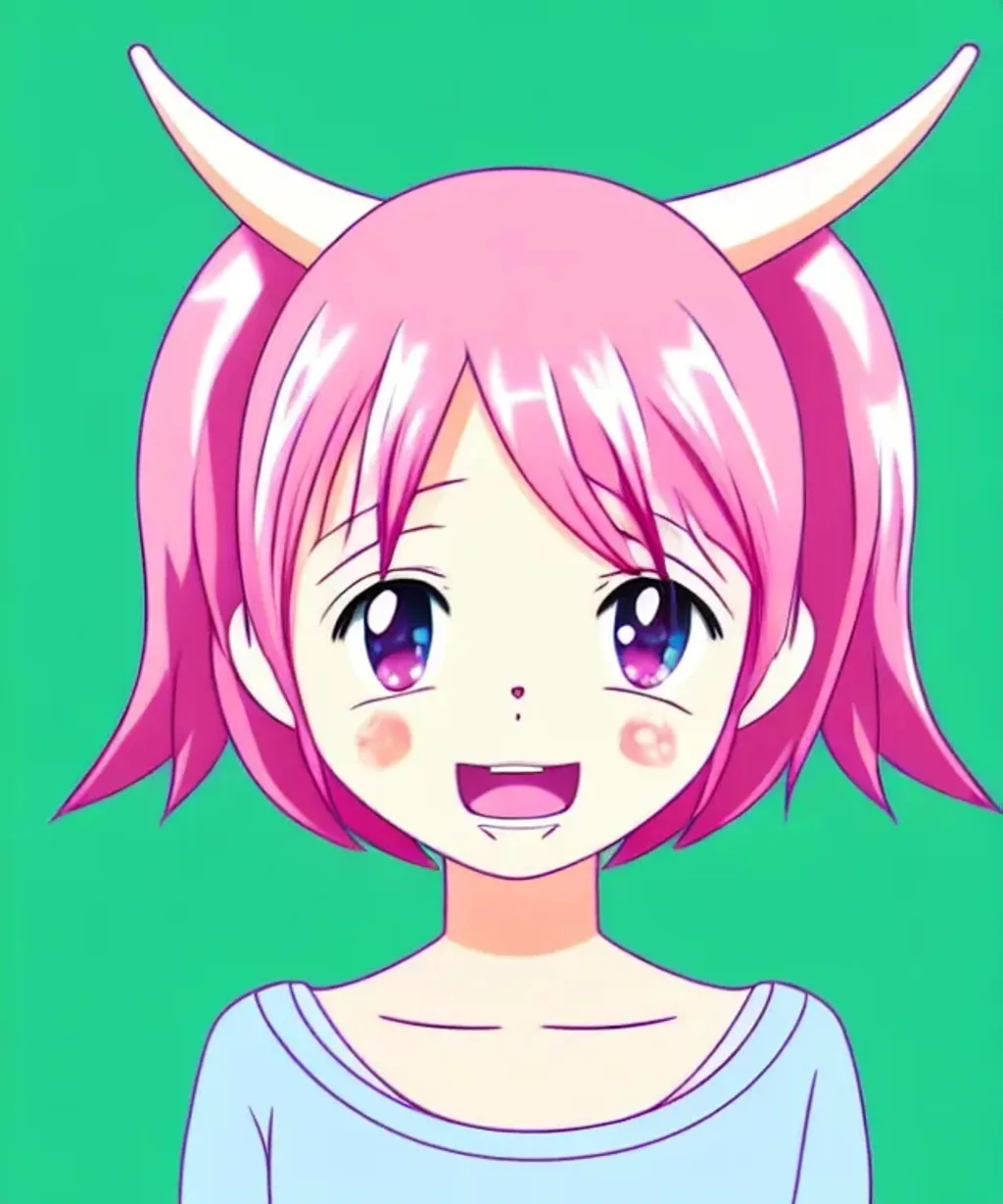 Prompt: Sweet Cute Anime Girl, Horned. Pink Hair, Processional Studios, Amused and Happy joy. Professional Details,  Sweet Pride. Anatomically Correct, Cartoon.