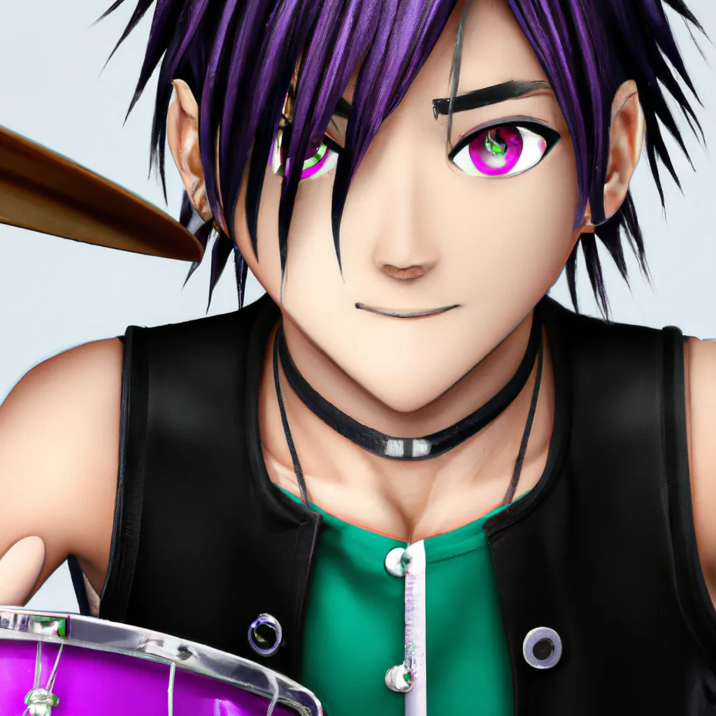 Prompt:  anime boy, short undercut purple/black hair, tan skin, hazel eyes, rocker, rock music, attractive, hot, popular drummer, playing the drums, edgy, tattoos, multiple piercings, popular online, kyoto animation, animation, anime, animated, 2010s anime, key visual, main character, character design, character concept, Free! anime, saturated colors, high quality, 8k, A3!, B Project, Given anime, Otame games, manhua, manhwa, a 70mm portrait, iso 100, focus mode, f/100, smiling brightly, waist up photo, locs, blasian, perfect composition, beautiful detailed intricate insanely detailed octane render trending on artstation, 8 k artistic photography, photorealistic concept art, soft natural volumetric cinematic perfect light, chiaroscuro, award - winning photograph, masterpiece, oil on canvas, raphael, caravaggio, greg rutkowski, beeple, beksinski, giger