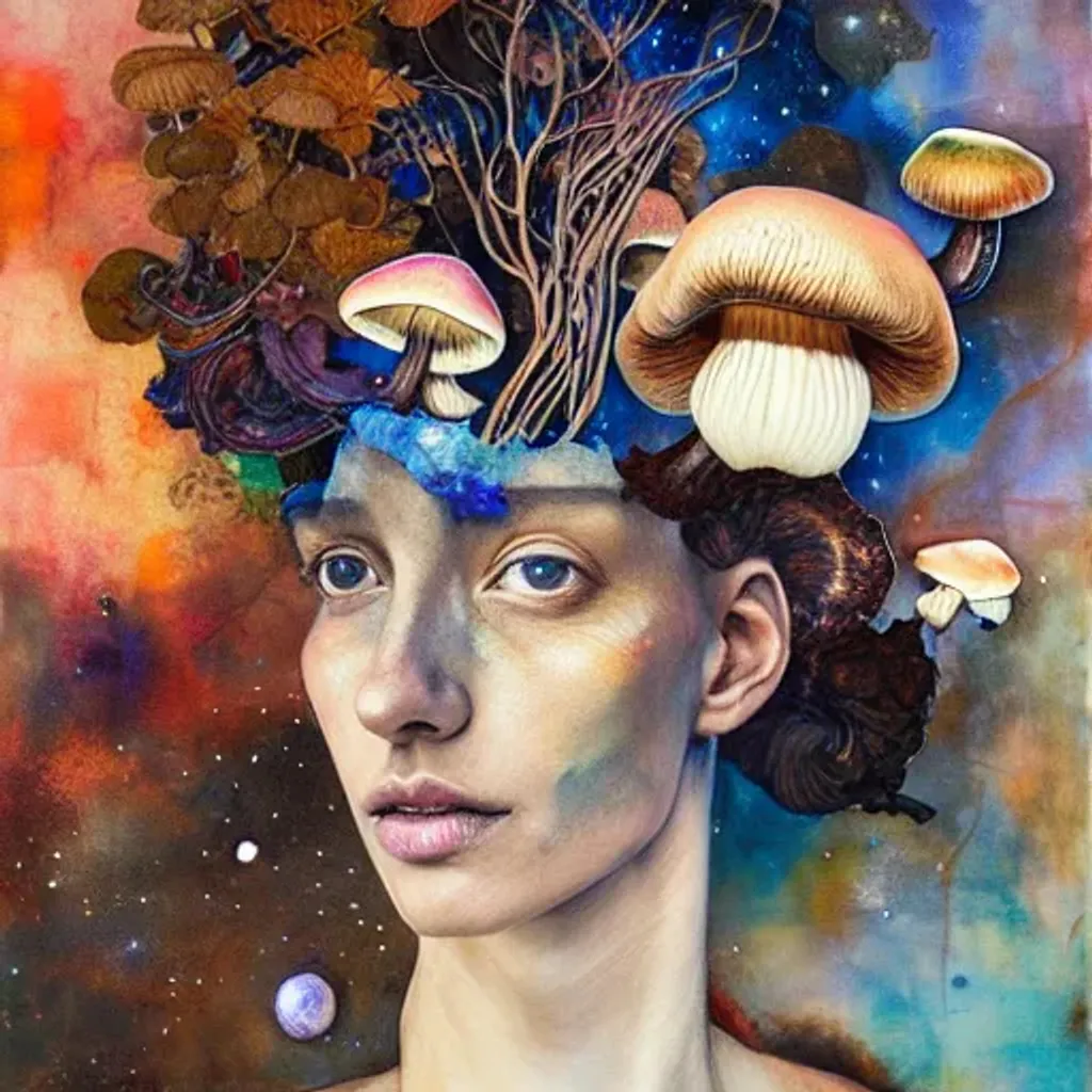 Prompt: Mixed media portrait painting by Ryan Hewett, Detailed eyes, Beautiful woman with brown skin, mushrooms growing out of her hair, hq, fungi, celestial, portrait, victo ngai, moon mushrooms, Jan van Eyck, galaxy, moon, stars 