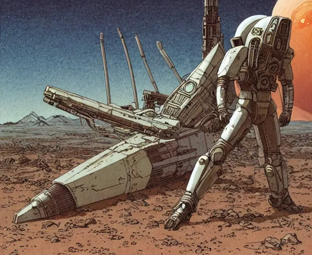 Prompt: Man with long dark brown hair aiming weapon wearing battlesuit in alien dessert standing next to destroyed alien craft, by Makoto Kobayashi, by Moebius, by Jean Giraud, manga, anime style, 80's, Intricate, Hand drawn, concept art, grainy color, dim lighting, Anime Key Visual, beautiful composition