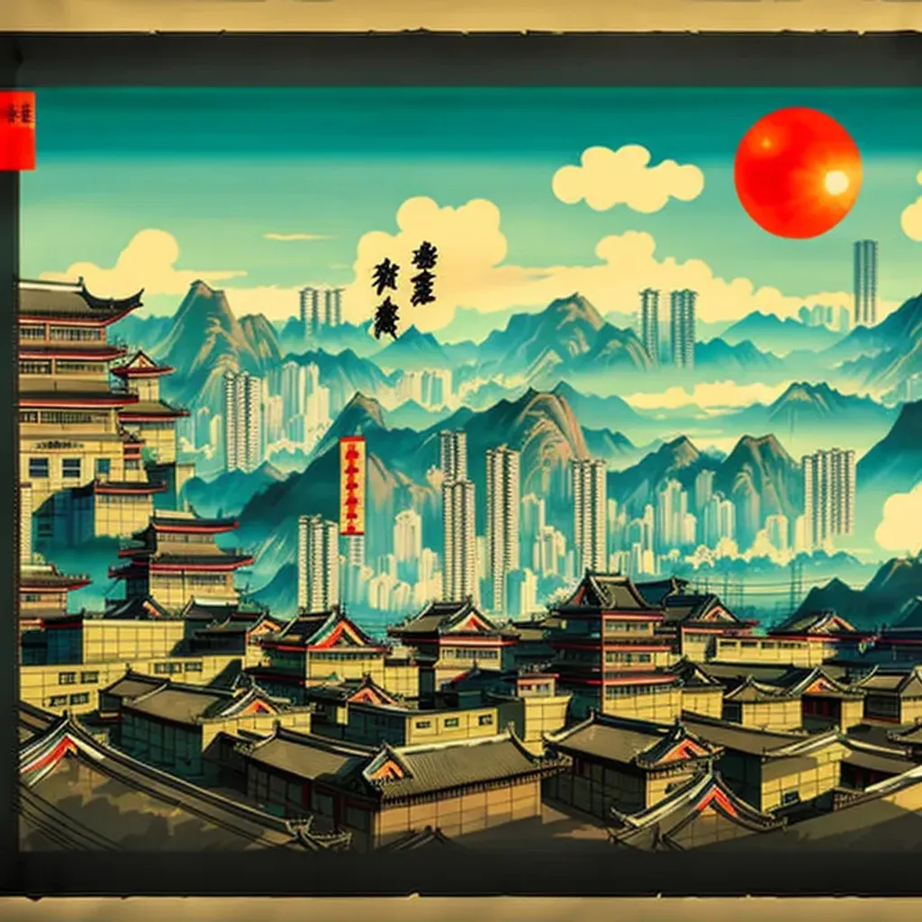 Prompt: Chinese propaganda poster of a post-apocalyptic Chinese city, Ukiyo-e, Fallout theme, anime art, realistic, gritty theme, hyper detailed, broad light, cinematic lighting, over the shoulder point of view, 