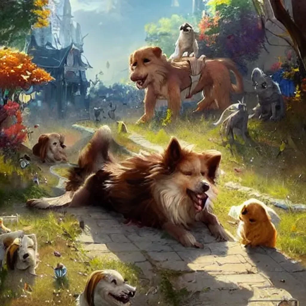 Prompt: derpy dogs lazy afternoon, subtly fun colors, hyperdetailed masterpiece by greg rutkowski, trending on artstation, centered, in frame, perfect composition