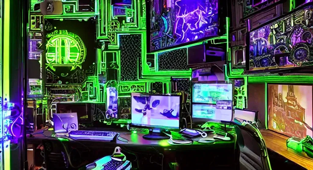 Prompt: small ornate gothic computer hacker den and desktop with green neon lighting, multiple screens and various futuristic hacking devices and laptops set up. gothic floor lamps are on either side of the desk. the room has detailed gothic architecture features

