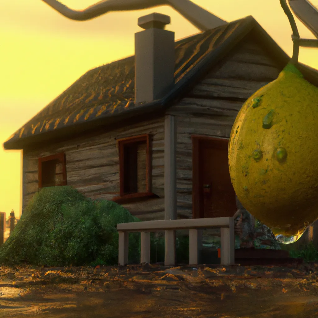 Prompt: A sweating lemon walking infront of a wooden house , beautiful image, evening sunset time, 3D ray-tracing graphics,award winning photo, macro camera, incredible detail , 4k wallpaper, high quality raytracing virtual high quality real life graphics.