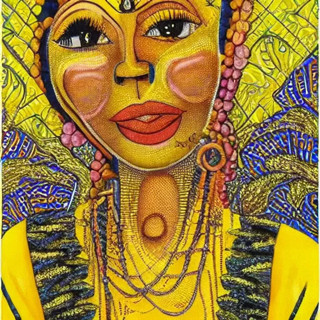 Prompt: The Spanish bride in a yellow dress, by Samuel Adoquve Beautiful, centered,  salsa, samba, mambo,  intricate. realistic. voluminous, harmonious, bold. studio lighting. stylized, meaningful, eye-catching. symbolic. high-fidelity by Mati Klarwein  