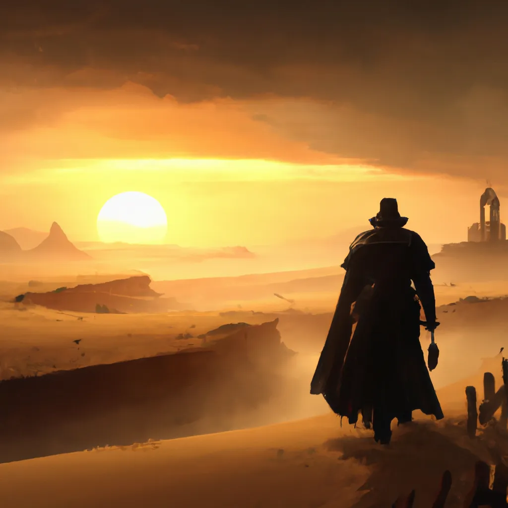 Prompt: a man dressed completely in black walking towards the horizon in a desert while in the horizon you can see a beutiful sunset digital painting, artstation, concept art, soft light, hdri, smooth, sharp focus, illustration, fantasy, intricate, elegant, highly detailed, d&d, matte painting, in the style of greg rutkowski and alphonse mucha and artemisia, 8k, highly detailed, jurgens, rutkowski, bouguereau, pastoral, rustic, georgic