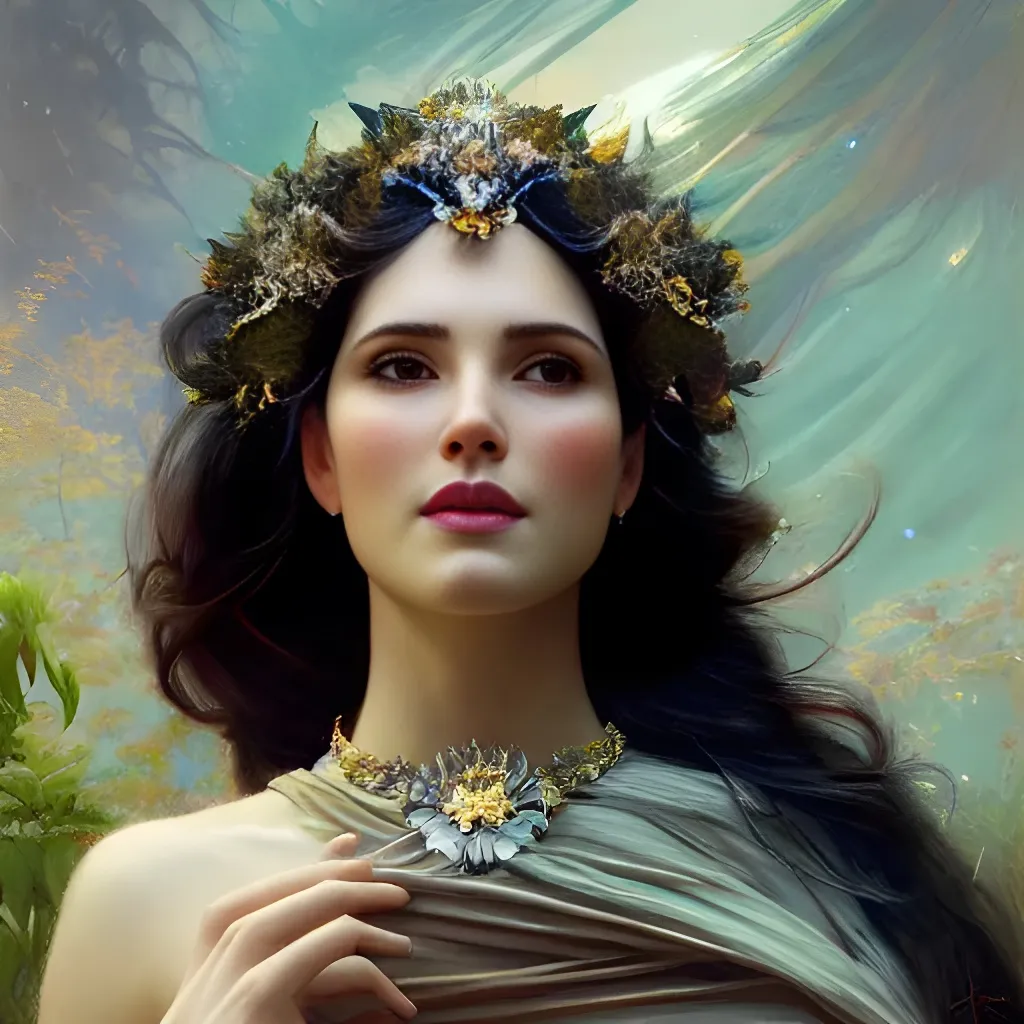 Prompt: Majestic nature goddess, beautiful face, full-length, enigmatic smile, elegant, ecstatic, delight, fantasy, highly detailed, art station, hyperrealism, digital art, masterpiece, 8k, dynamic lighting, dramatic,  photo-realistic, Rutkowski, Gaston bussiere, craig mullins, j. c. leyendecker, filipe pagliuso, Waterhouse, justin gerard, artgerm, cgsociety