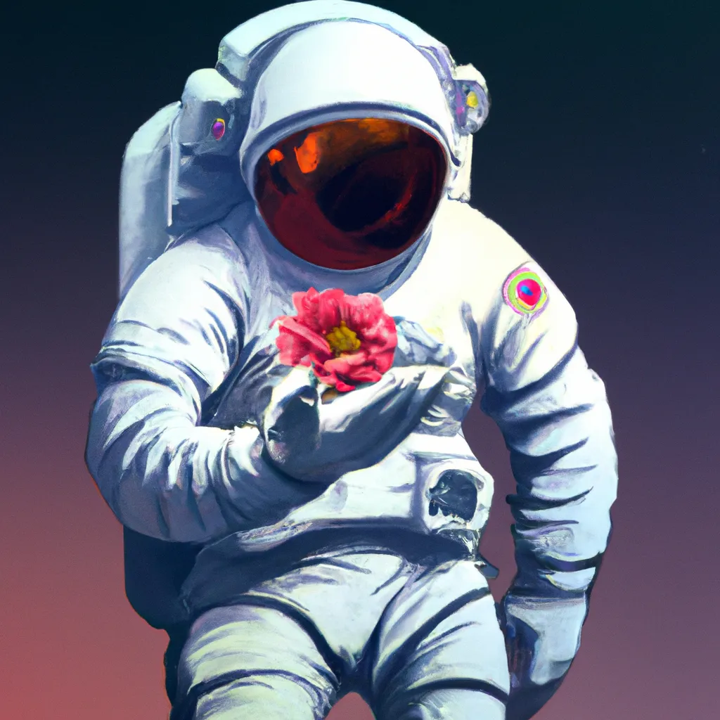 Prompt: astronaut holding a bright red flower in space, digital art
