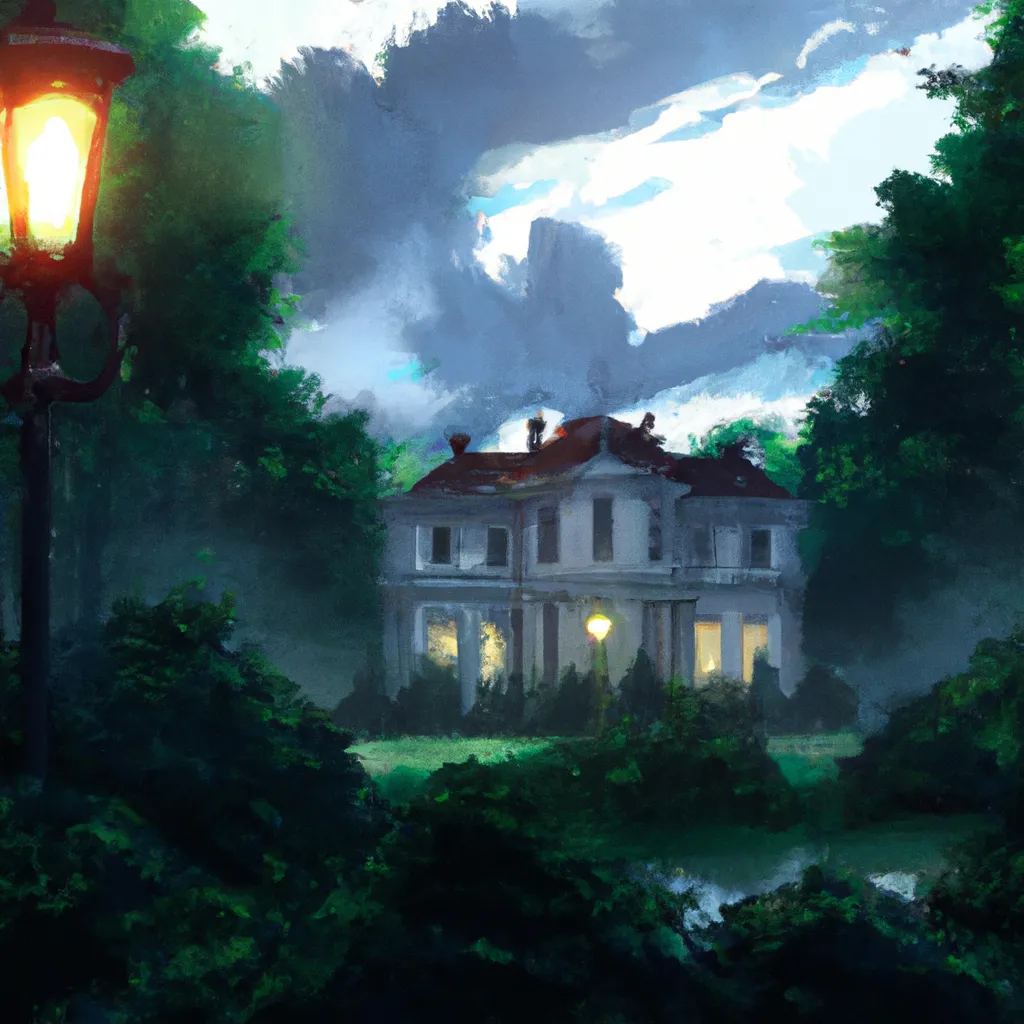 Prompt: Rich mansion in the woods, there is lampposts around illuminating the environment, cinematic lightning, dramatic, clouds, sky, the time of day is dusk, highly detailed digital painting