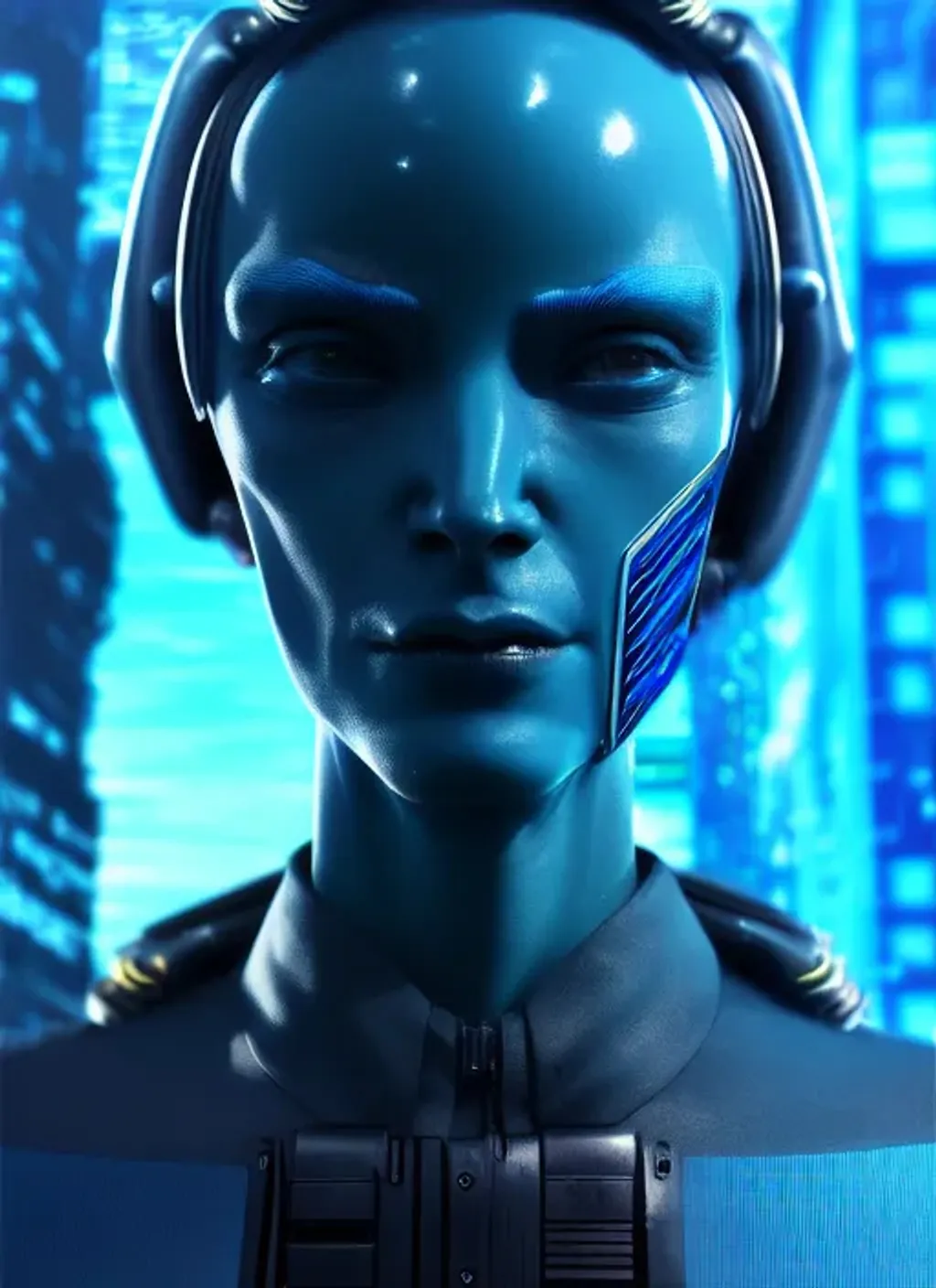 Prompt: Extremely detailed portrait of  cyberpunk alien cops with blue skin color, extremely detailed  cyberpunk city background , 8k, high quality, concept art, trending on artstation, sharp focus, studio photo, intricate details, hyper detailed