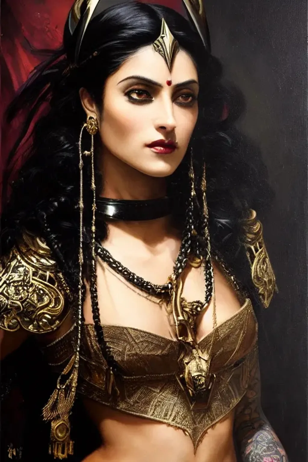 Prompt: villain, the female pirate, dark skin, ornate, opulent, black, brushed diamond, gold, obsidian, silver, tattoo, ancient futuristic tech, retrofuturist, optimistic, lovely, dnd character portrait, intricate, oil on canvas, masterpiece, expert, insanely detailed, 4k resolution, john william waterhouse, singer sergeant, composition, agnes cecile, bowater