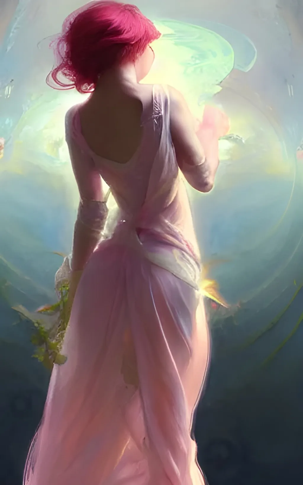 Prompt: Full body elf girl of radiant light with short pink hair, wearing ivory lace dress 4k digital illustration by Ruan Jia by Mandy Jurgens, award winning art, Artstation, art nouveau aesthetic, Alphonse Mucha background, intricate details, realistic, full view, Artstation, CGsociety, 