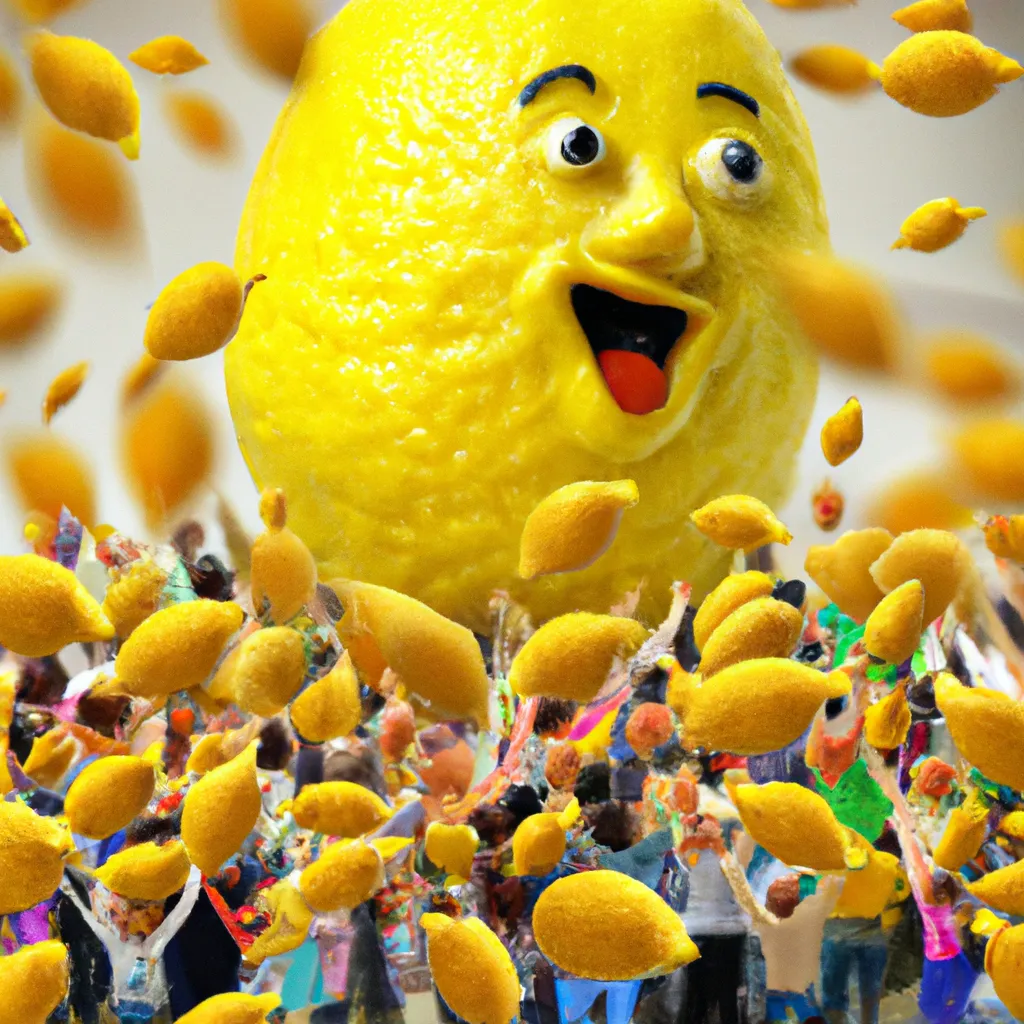 Prompt: 3-D, Photo-Realistic, Laughing Giant Lemon surround by huge crowd of cheering, dancing, lemon admirers
