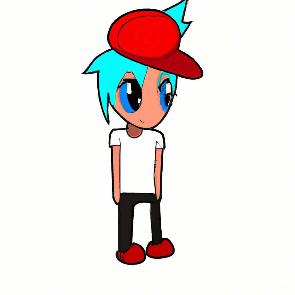 Prompt: a short cartoon character Boy with cyan hair, a backwards red hat with a blue bill, white t-shirt, blue jeans, and red shoes