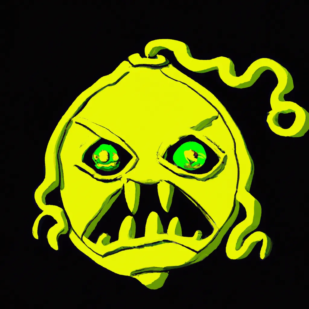 Prompt: A lemon character in the style of horror, haunted house, by Kentaro Miura, ghosts, neon, zombies