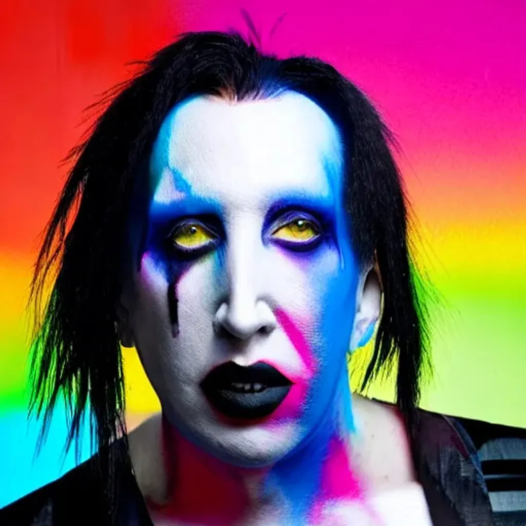 Prompt: Color splash of rainbow Mohawk on Marilyn Manson in the middle of an urban brick alley, mist soft Vignette 