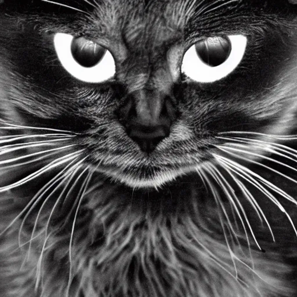 Prompt: Demon cat, with shining eyes, detailed, black and white, black cat, fur of smoke, witch cat,