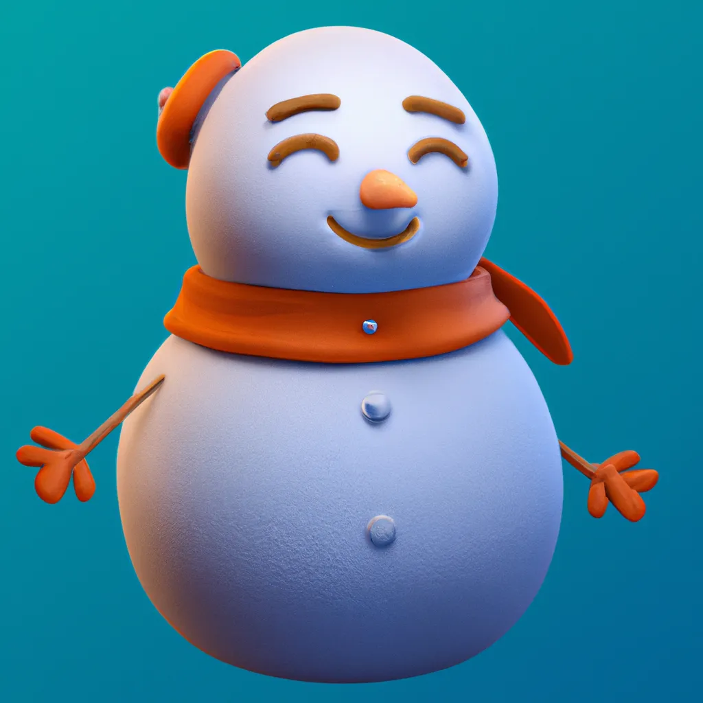 Prompt: 3D render of a cute rounded snowman in a clay style, frontal view, blue background, substance 3d painter, blender, smooth texture, warm lighting, high resolution, trending on behance.net, by Nintendo