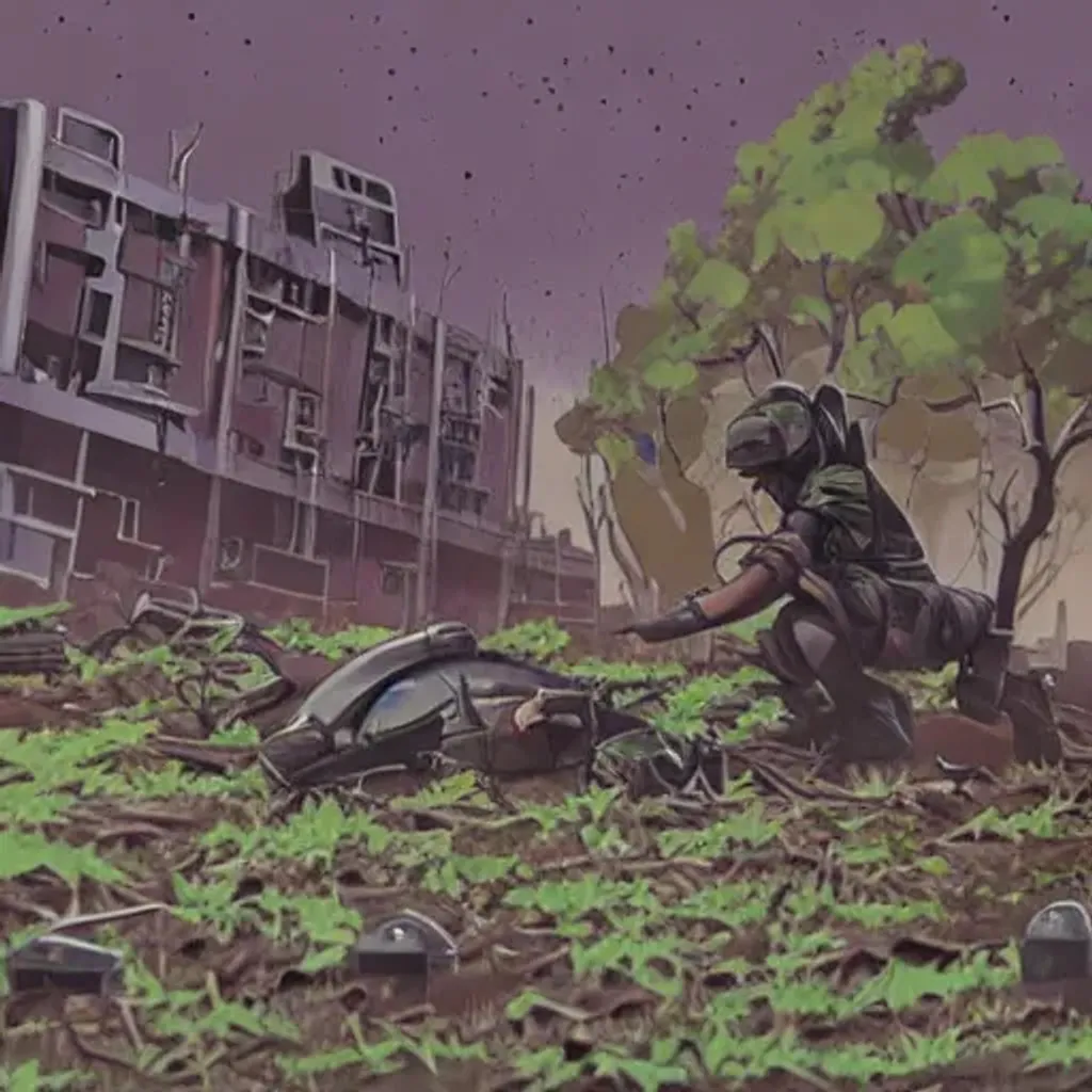 Prompt: dystopian wasteland, crumbled buildings covered by unearthly plants and bodies of dead soldiers. a man is knelt down, wearing army equipment and badly wounded in the middle watering a plant with his tears. anime style.