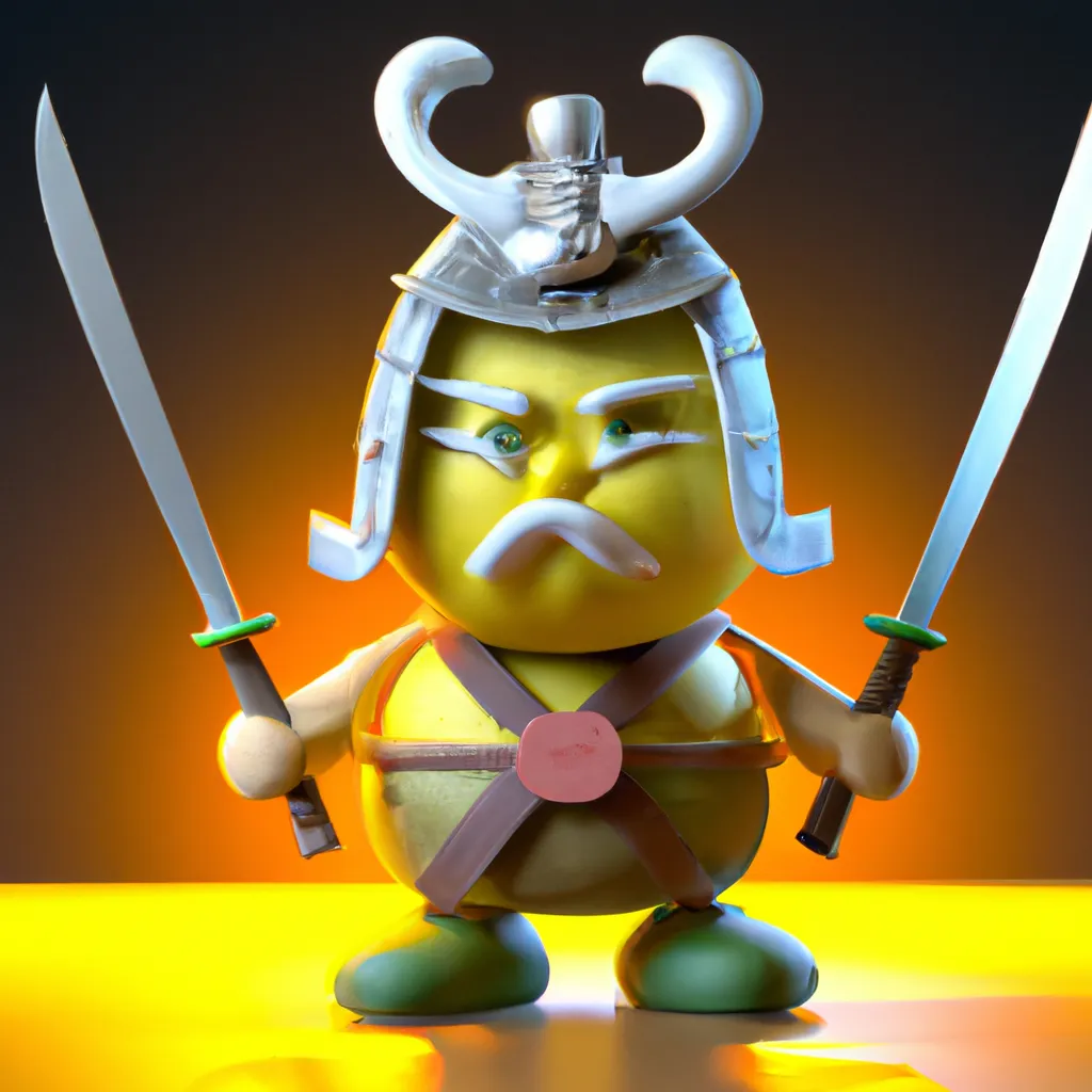 Prompt: 3D pixar render of an angry lemon samurai with two arms and two legs wearing samurai robes, samurai hat, pixar character, sitting in a samurai dojo