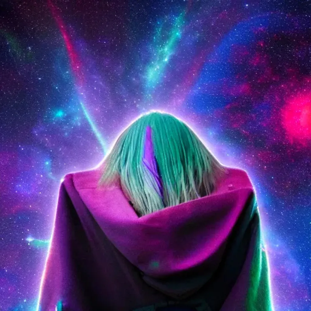 Prompt: Space Nomad, Starry Cloak, Nebula Hair In Endless Void, Astral Currents, Cosmic Waves | 8K, Hdr, Fantasy, Techno-Pop, Dn