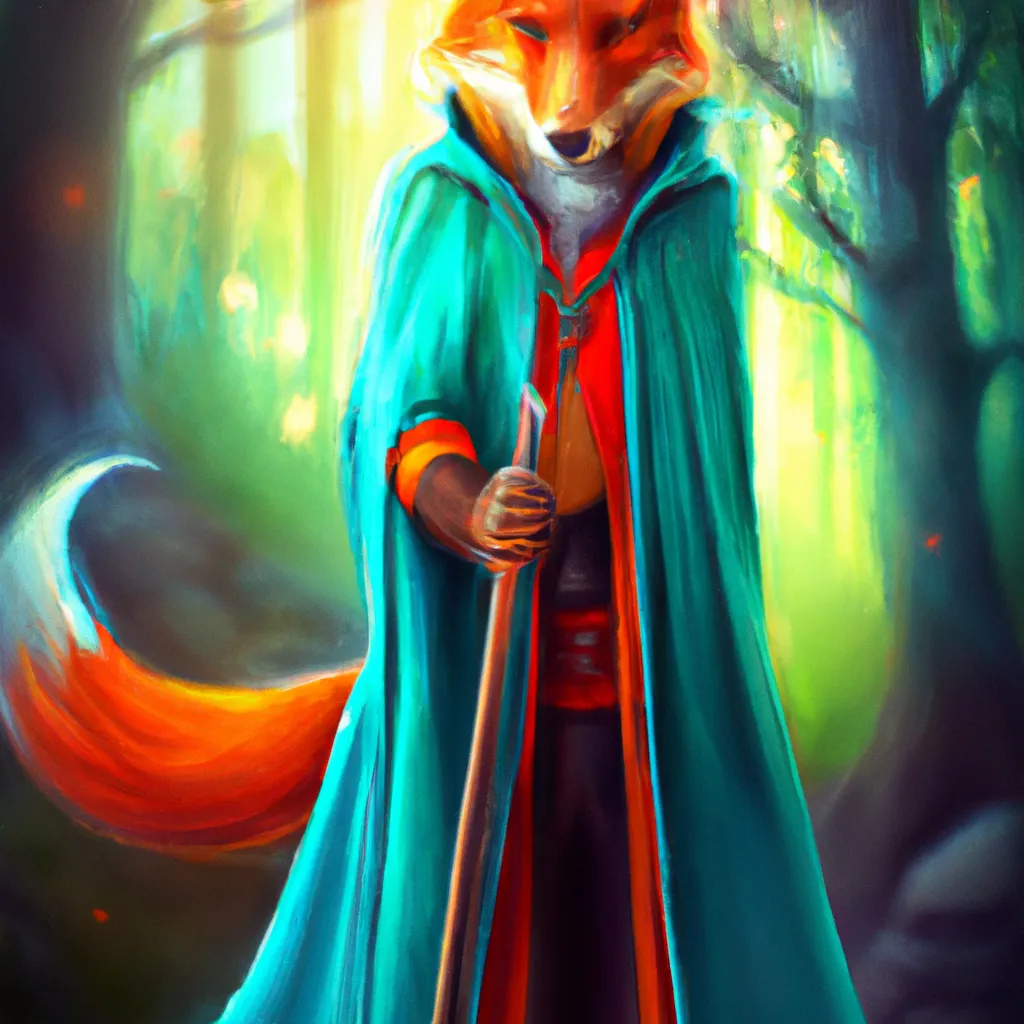 Prompt: Photorealistic fox wearing a green mantel and a red dress, long blue mantel with a wooden luminous  stick in his hand, he has a determinate face, magic forest in the background, intricate, fantasy, elegant, highly detailed, digital painting, artstation, concept art, smooth, sharp focus, illustration