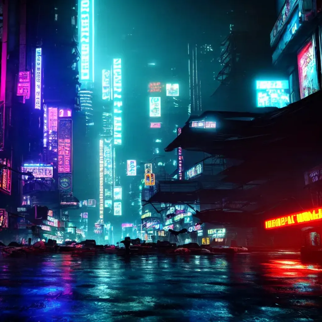 a grungy and dirty cyberpunk city while raining, neo... | OpenArt