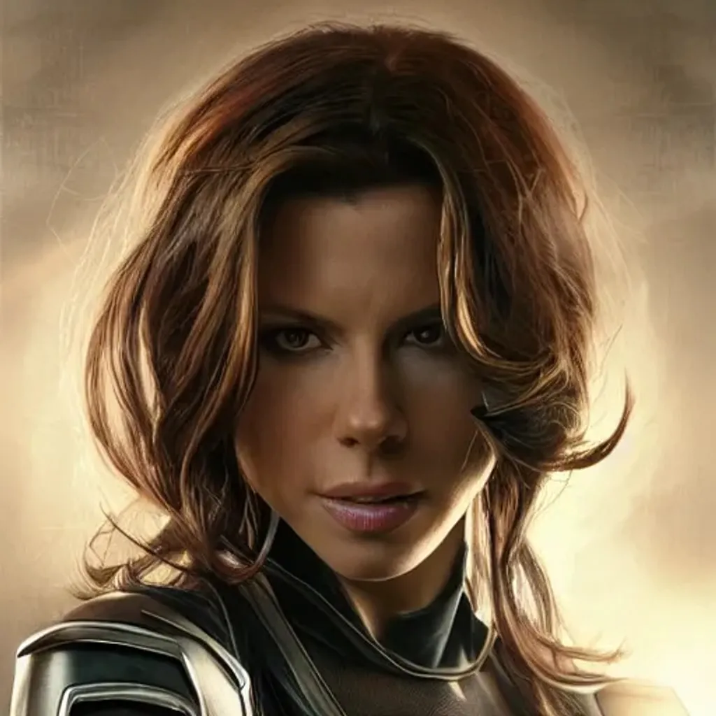 Prompt: portrait of Kate Beckensale as Black Widow in the Avengers movie, looking at camera, intricate, dystopian, sci-fi, extremely detailed, octane render, digital painting, concept art, smooth, sharp focus, illustration, incredible art by artgerm and greg rutkowski and alphonse mucha and simon stalenhag