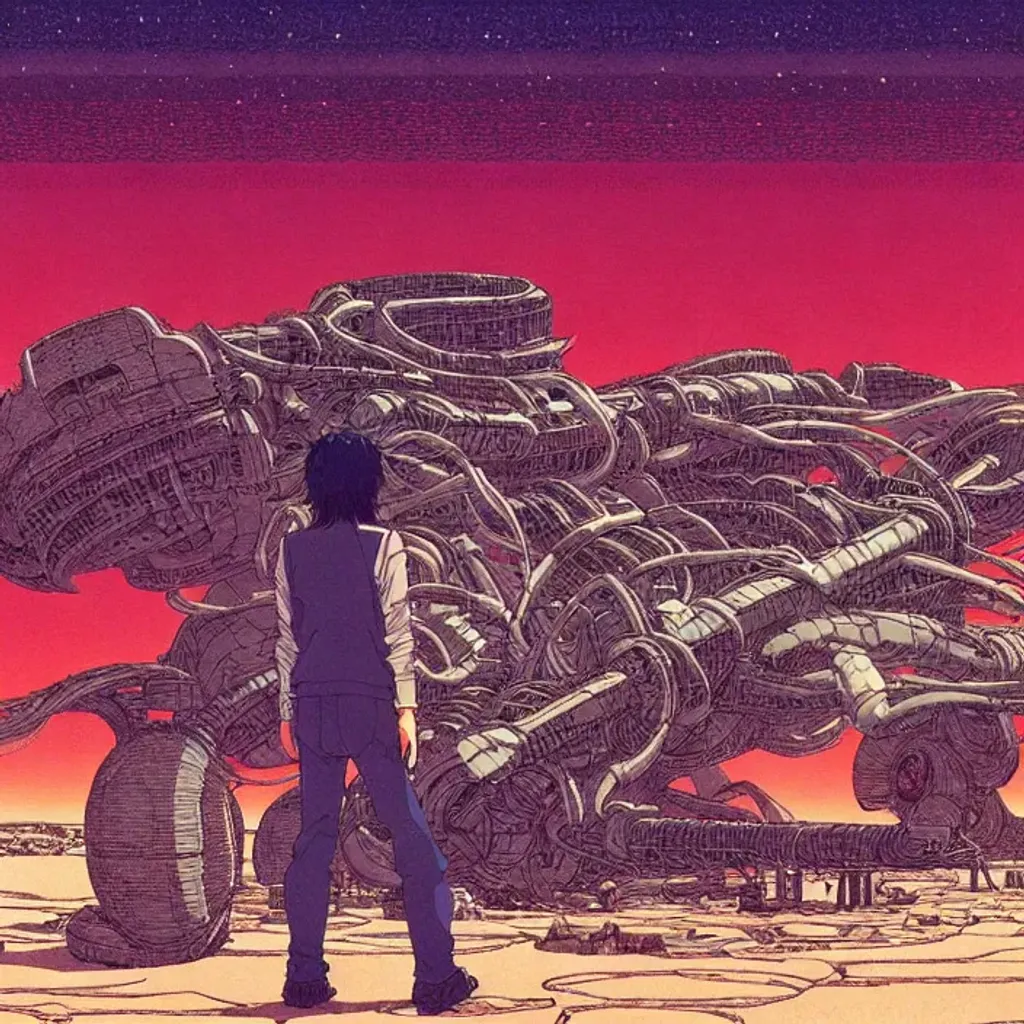 Prompt: Man with long dark hair standing in alien dessert next to destroyed robot, by Makoto Kobayashi, by Moebius, by Jean Giraud, manga, anime style, 80's, Intricate, Hand drawn, concept art, grainy color, dim lighting, Anime Key Visual, beautiful composition