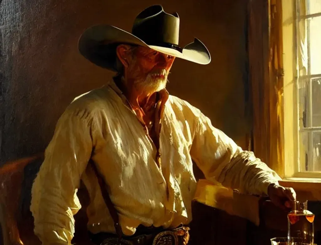 Prompt: award winning oil painting of old rugged cowboy with whiskey glass by anders zorn, wonderful masterpiece by greg rutkowski, beautiful cinematic light, american romanticism by greg manchess, jessica rossier