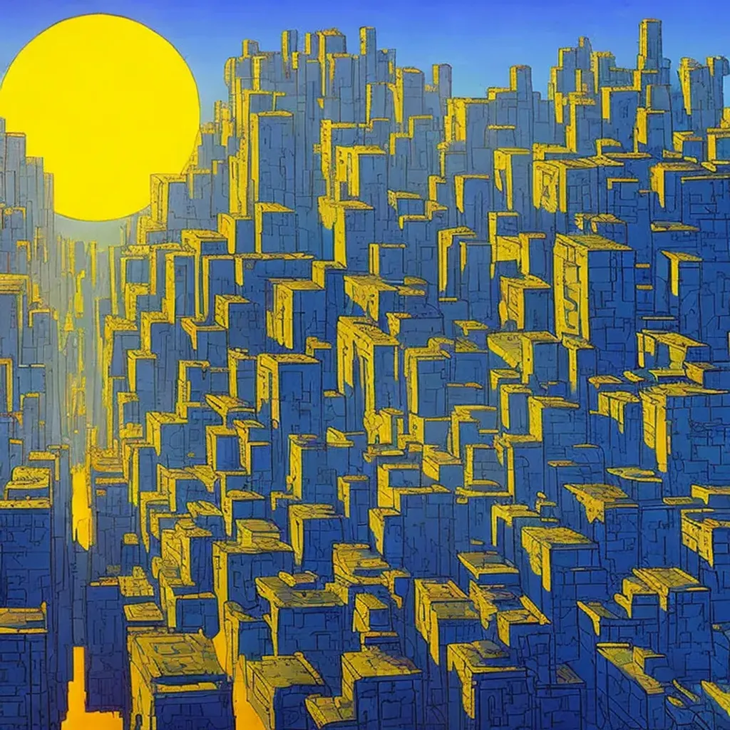 Prompt: a painting of a cityscape. The sky is a deep blue with a bright yellow sun in the center, and the buildings are tall and angular. The streets are lined with trees and plants, and the buildings are filled with strange creatures and objects. Greg Rutkowski Moebius digital art dynamic lighting 16K