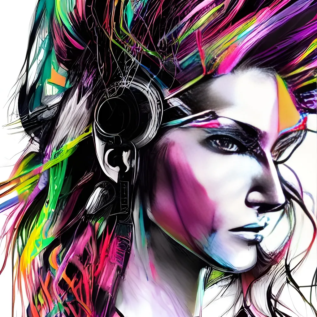 Prompt: a drawing of a woman with colorful hair, cyberpunk art, by Charles Rollier, figurative art, detailed face background detail, in yoji shinkawa's art style, black and white color palette, anthropomorphic female, triadic color scheme, nick knight, girl with black hair, full color catalog print