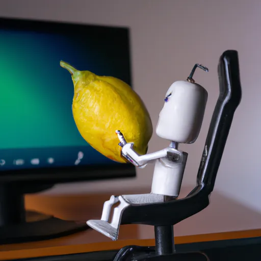 Prompt: A lemon is stuck in the computer screen and the robot looks evil and sits on the chair and looks at the screen