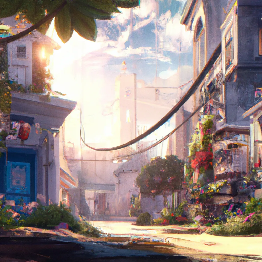 Prompt: a visual novel style landscape, beautiful plants, beautiful buildings, beautiful streets, dramatic lighting, by peter mohrbacher dan mumford craig mullins nekro, cgsociety, pixiv, volumetric light