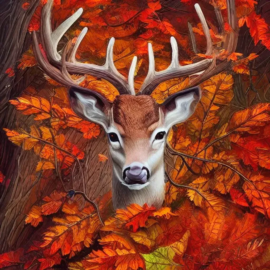 Prompt: amazing painted detailed beautiful autumn deer, intricate detailed flowing leaves in the style of Lynn Bywaters, lots of detailed autumn leaves victorian versailles highly detailed digital painting artstation concept art smooth sharp focus