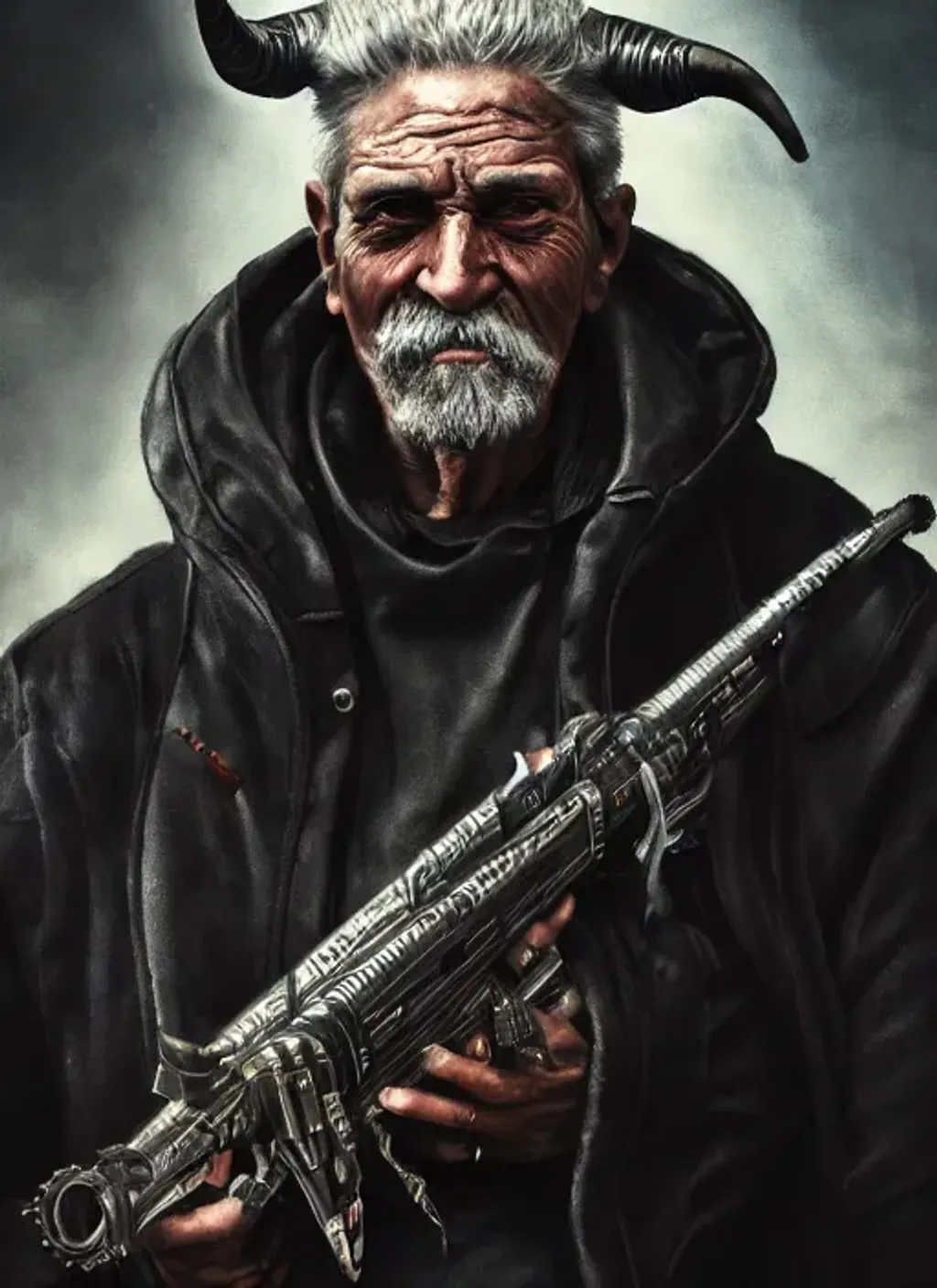 Prompt: Extremely detailed portrait of  cyberpunk old man with big horn's devil and with only black clothes, extremely detailed  cyberpunk street hyperrealistic background , 8k, high quality, concept art, trending on artstation, sharp focus, studio photo, intricate details, hyper detailed