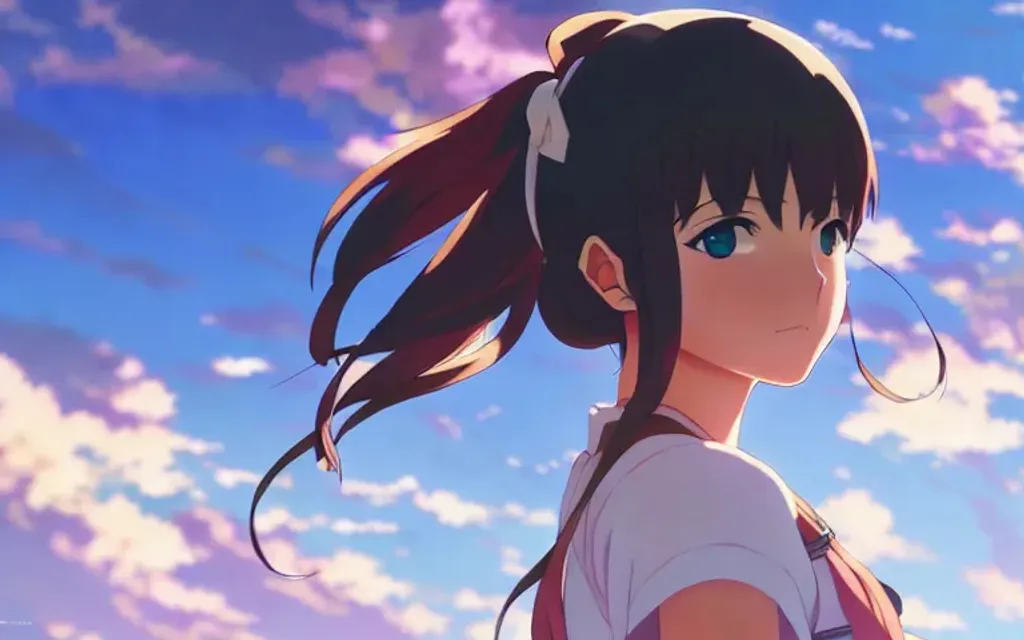 Prompt: a girl looking at the camera, half body composition,  epic composition, colorful, fine details, detailed face, beautiful, anime drawing, anime, masterpiece, award winning, art by makoto shinkai