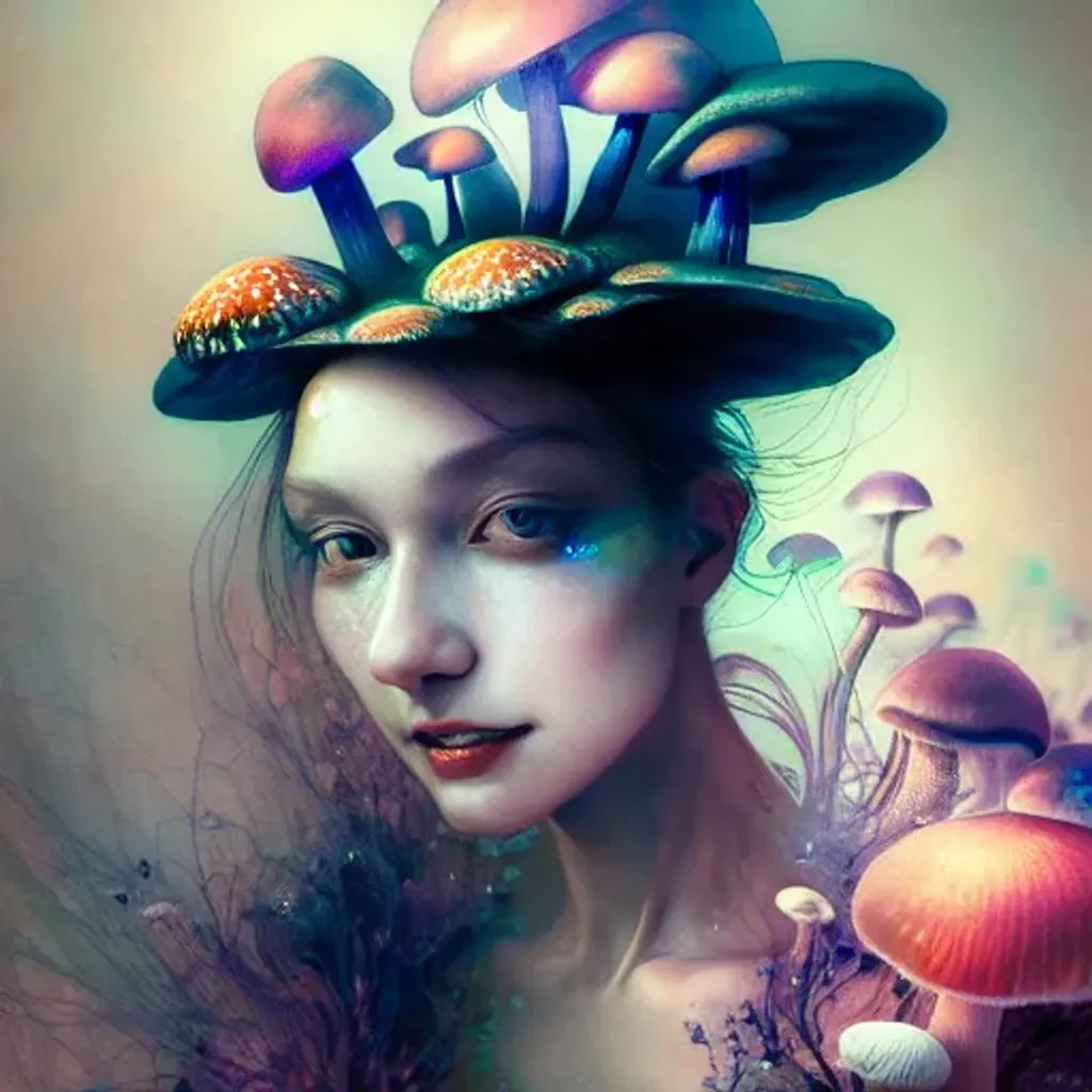 Prompt: Uhd, studio lighting, highly detailed, portrait, beautiful smiling woman dressed as a witch, ryan hewett, yoshitaka amano, victo ngai, celestial, fungi, mushrooms 