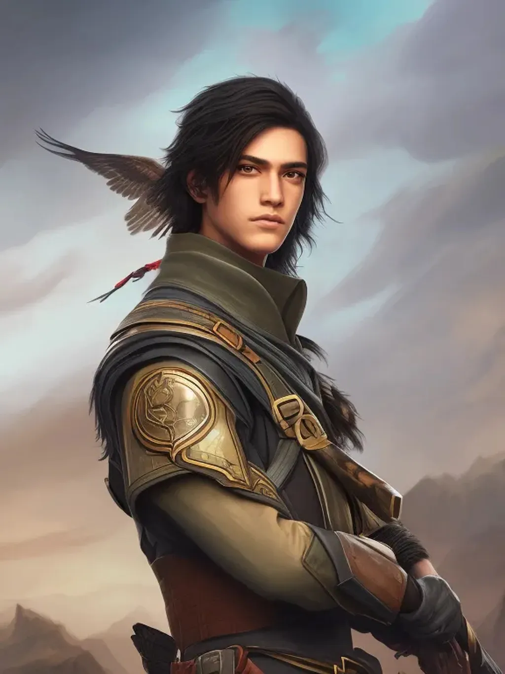 Prompt: Portrait of a teenage male ranger with black hair and with a hawk on his shoulder, fantasy, intricate, highly detailed, digital painting, trending on artstation, concept art, smooth, sharp focus, illustration art by Stanley Lau and greg rutkowski, unreal engine, 4k