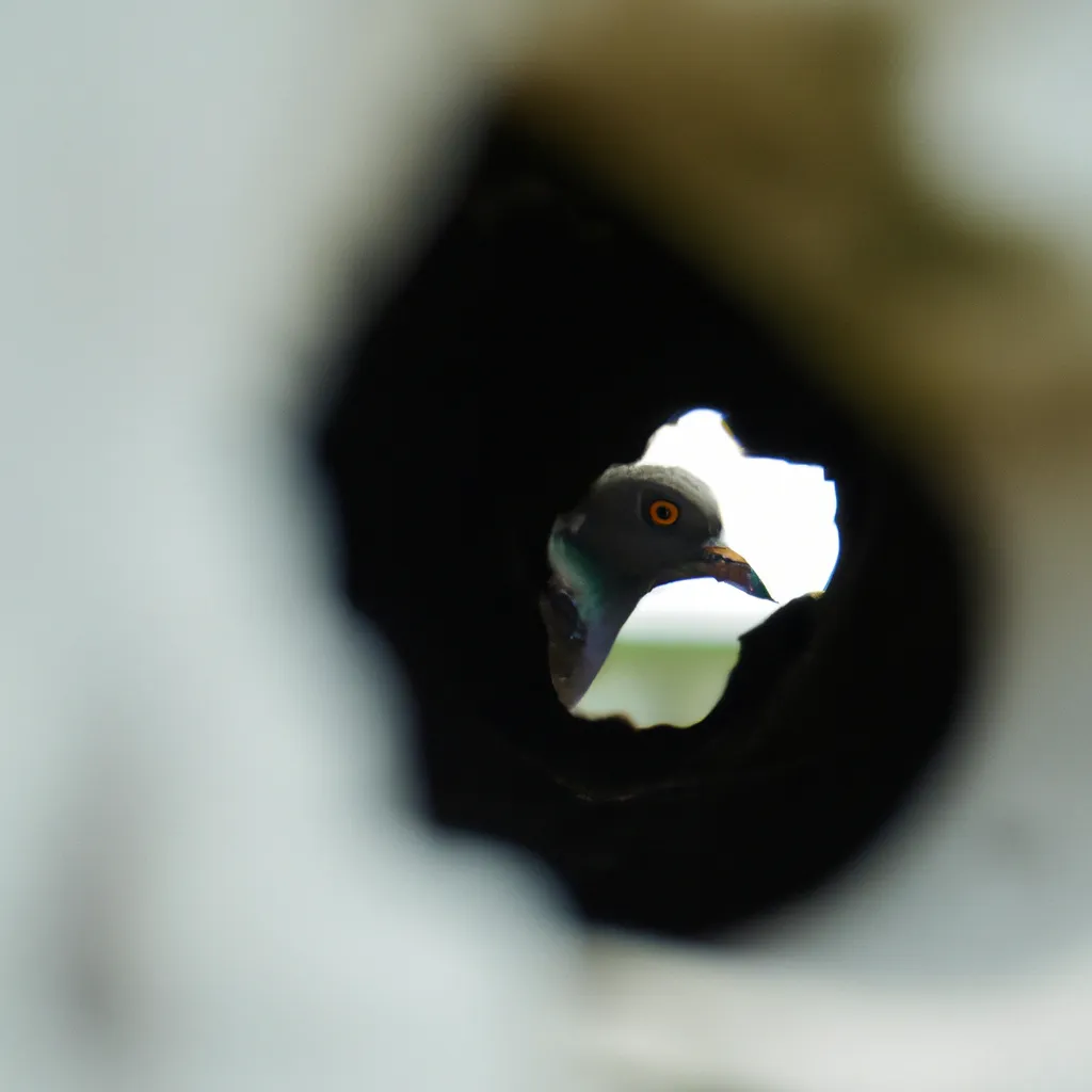 Prompt: A bird looking through a hole in the wall like the Shinning