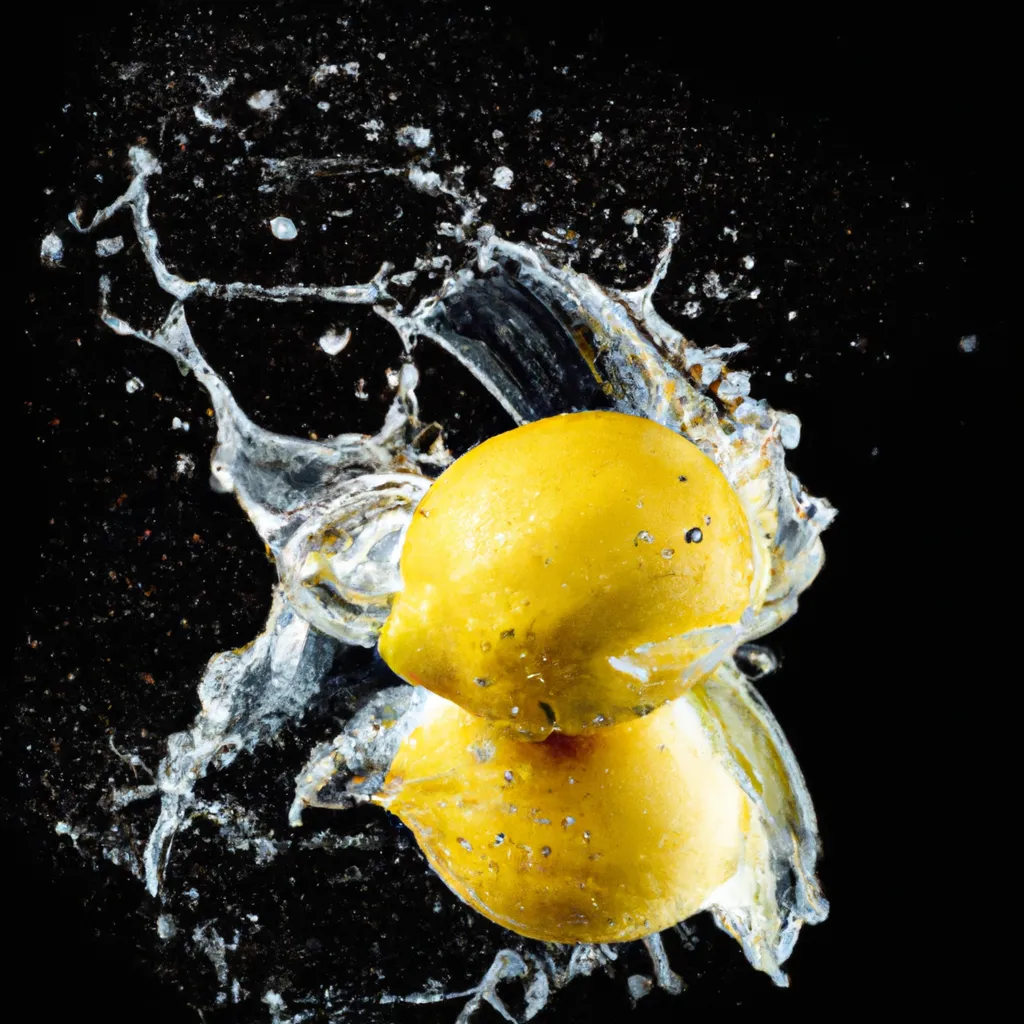 Prompt: A Photorealistic hyperrealistic close up high speed render of a Water Splash When a lemon hits the water as it falls, random abstract shapes and patterns, dark background, beautiful highly detailed droplets, reflections and refractions, dark studio backdrop, Beautiful studio lighting, Nikon Z7, ISO 400, Sigma 85mm f1.4 DG DN, aperture f/11, exposure 1/200, studio lights