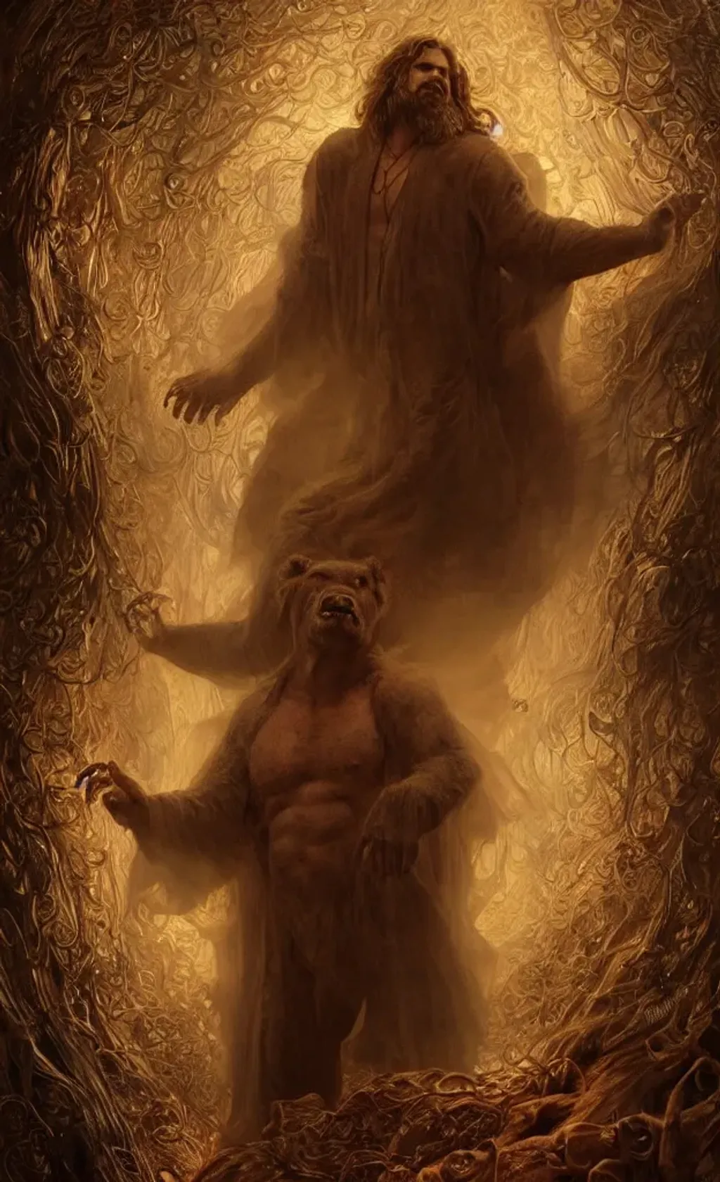 Prompt: Cute young David Harbour, intricate wispy beard, glowing robes adorned with runes, summoning a giant mythical golden bear, a detailed copper forest altar, WLOP Gustave Doré, Full body portrait, 8k resolution concept art portrait by Greg Rutkowski, Artgerm, WLOP, Alphonse Mucha dynamic lighting hyperdetailed intricately detailed Splash art trending on Artstation triadic colors Unreal Engine 5 volumetric lighting Epic cinematic brilliant stunning intricate meticulously detailed dramatic atmospheric maximalist digital matte painting 8k resolution concept art by Greg Rutkowski dynamic lighting hyperdetailed intricately detailed Splash art trending on Artstation triadic colors Unreal Engine 5 volumetric lighting Alphonse Mucha WLOP Jordan Grimmer orange and teal