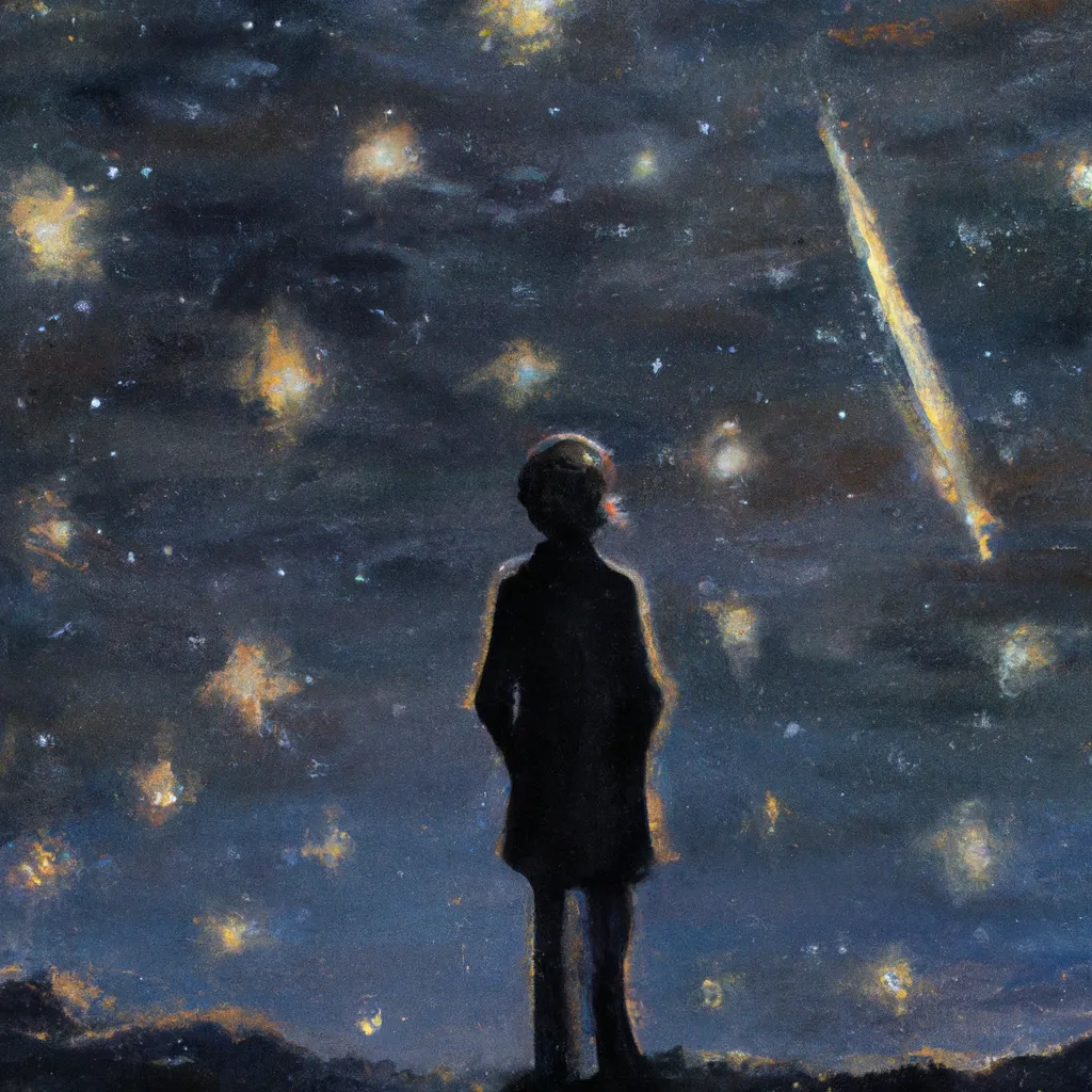 Prompt: a painting of a person standing in front of a sky full of stars, a detailed painting by Makoto Shinkai, deviantart, space art, sense of awe, apocalypse art, deviantart