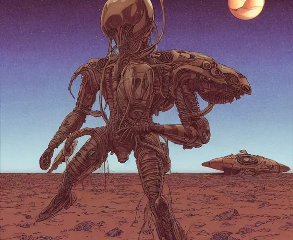 Prompt: Man with long dark brown hair standing wearing battlesuit in alien dessert next to destroyed alien craft, by Makoto Kobayashi, by Moebius, by Jean Giraud, manga, anime style, 80's, Intricate, Hand drawn, concept art, grainy color, dim lighting, Anime Key Visual, beautiful composition