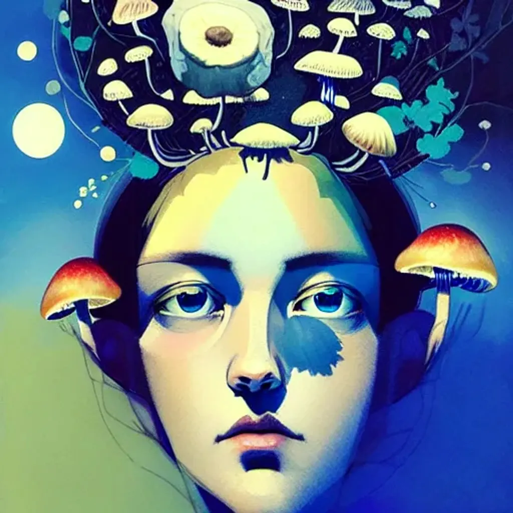 Prompt: A detailed portrait by Ryan Hewett, Makoto Shinkai, a Beautiful woman with a mushroom crown, in the style of victo ngai, moon, celestial, portrait, woodland, fungi, blue eyes, gothic, witch, magic 