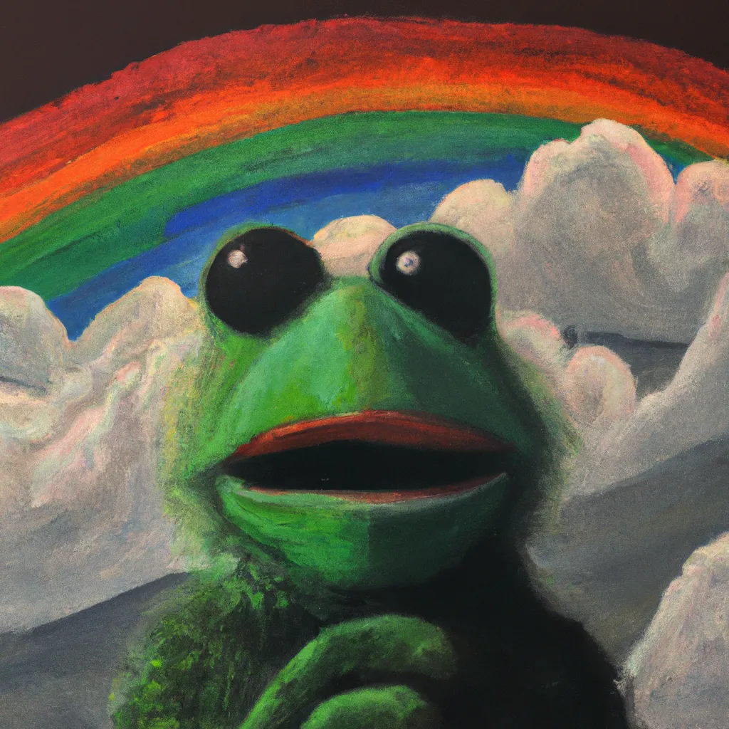 Prompt: A mysterious Kermit the frog as a rainbow cloud, cinematic, oil painting, Award-Winning, masterpiece 