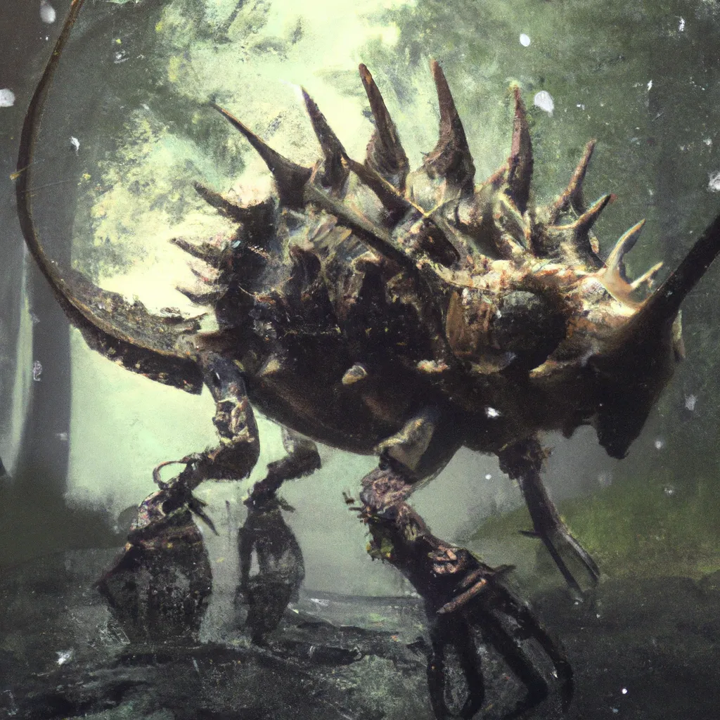 Prompt: creature made by Terryl Whitlatch, Tripofobic breathing bubble capsules on its spiky skin as disease, dinosaur elephant-chimera, bizarre skull, fungus-like limbs, view of full body, Full shot, Long shot, Highly realistic, hyperrealistic, 4k, trending on artstation, unreal engine 5, greg rutrowski, speculative evolution, snaiad by kosemen, swamp carnivore animal