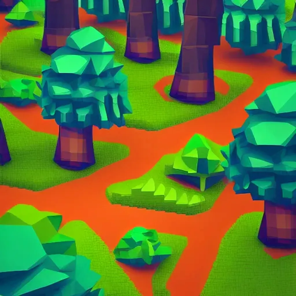 Prompt: low-poly forest landscape, pixel art illustration, bright colors by Matej Jan