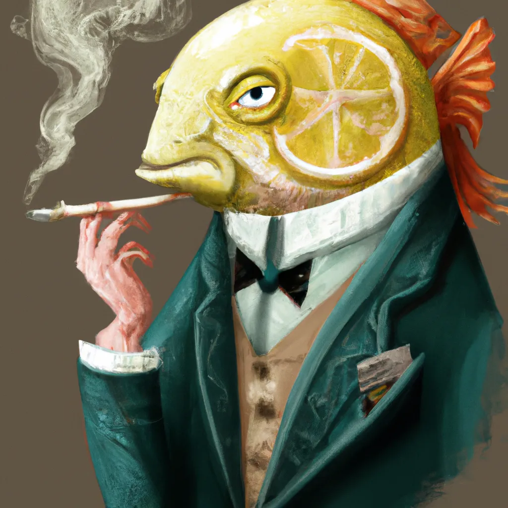 Prompt: lemon salmon wearing a suit, smoking a pipe, portrait, digital art