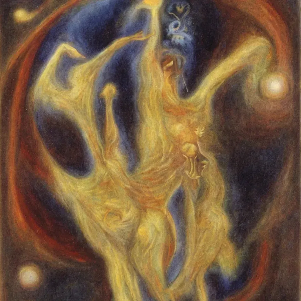 Prompt: Anthroposophical Painting of the Fool, Spirit of Aether by Rudolf Steiner.